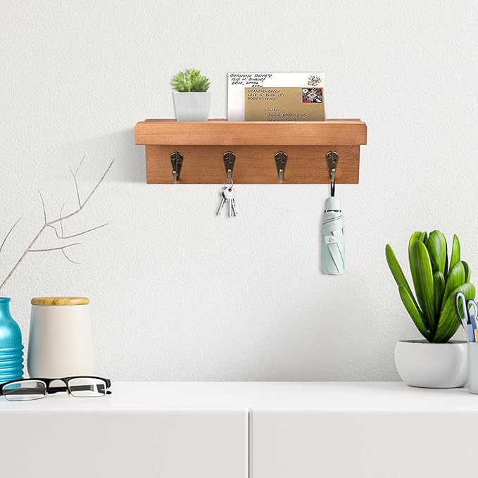 HRONRAD Rustic Key Holder for Wall, Farmhouse Wall Shelf with 4 Hooks, Wall Mounted Key Racks, Wooden Mail Organizer with Hooks for Entryway (Brown - Oak)
