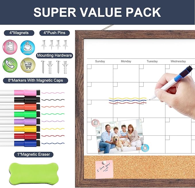 Calendar Whiteboard for Wall, 18x24 Inches White Board Calendar Dry Erase, Magnetic White Board with Wood Frame, Hanging Dry Erase Board for Kitchen Home Office School Planner
