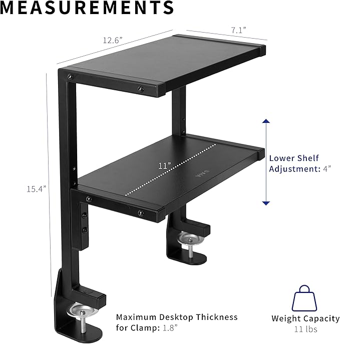 VIVO Clamp-on 13 inch Above or Below Desk 2-Tier Shelving Unit for Table Accessories, Gaming Devices, and More, Storage Tray, Desktop Organizer, Black, STAND-SHELF2C