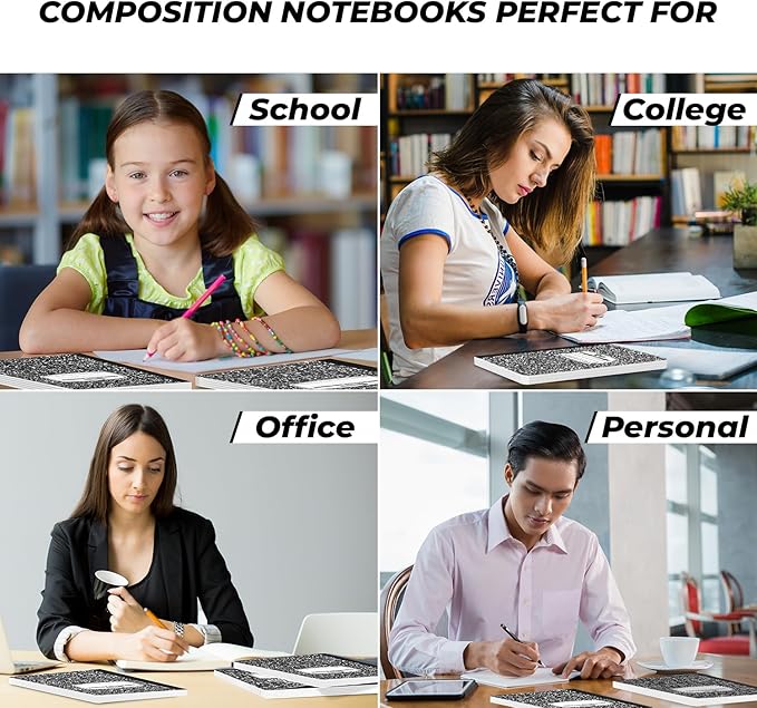 Rosmonde 12 Pack Composition Notebook College Ruled Bulk, 200 Pages (100 Sheets), 9-3/4 x 7-1/2, Hard Cover College Ruled Notebook Bulk, Black Marble Composition Notebook College Ruled, Bulk Notebooks