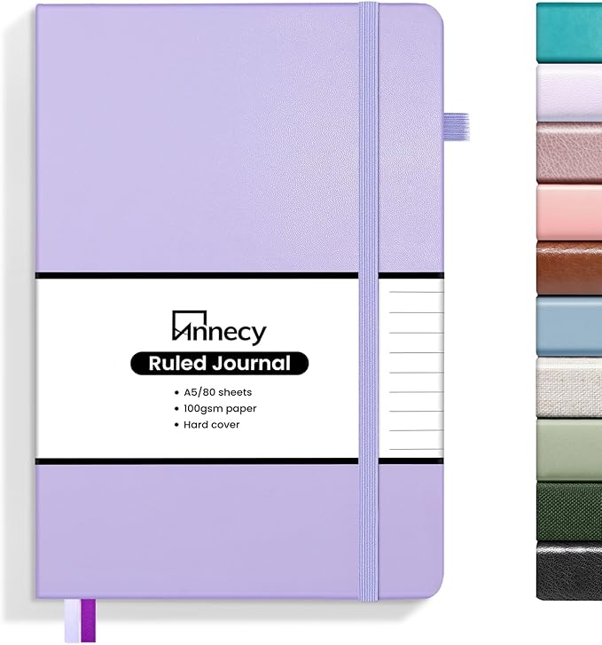 Annecy Lined Journal Notebook, Hardcover Leather Journal for Women & Men, 160 Numbered Pages, Medium 5.5" x 8.25", 100 GSM Thick Paper, Purple