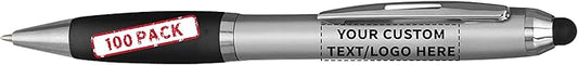 DISCOUNT PROMOS Custom Stylus Ballpoint Pens Set of 100, Personalized Bulk Pack - Black Ink, Great for Office, School, Business, Tradeshows, Events - Black
