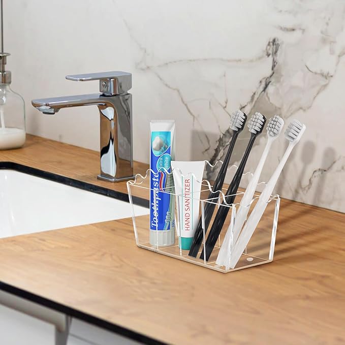 Zioffiel Scalloped Acrylic Pen Pencil Marker Cup Holder Organizer for Desk 4 Compartments, Clear Makeup Brush Holder With Removable Dividers