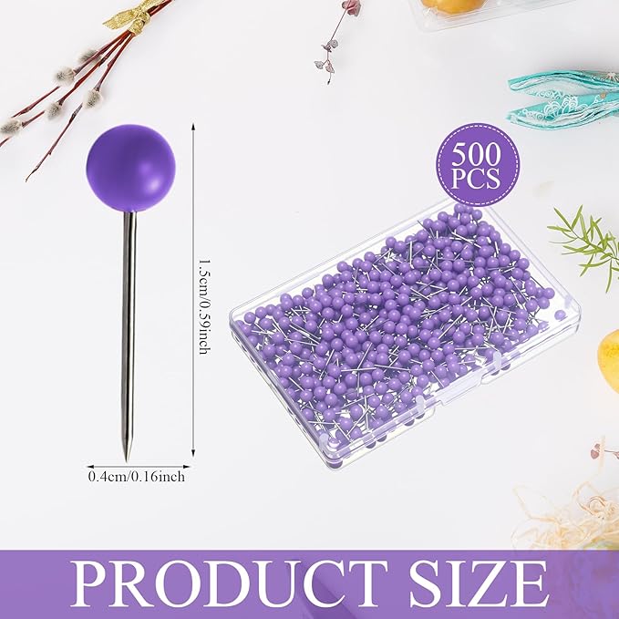 WILLBOND 500 Pack Map Push Pins Map Tacks Small Round Head Push Pins Thumb Tacks for Travel Picture Photo Bulletin Board Wall DIY Craft School Office Home(Purple,1/6 Inch)
