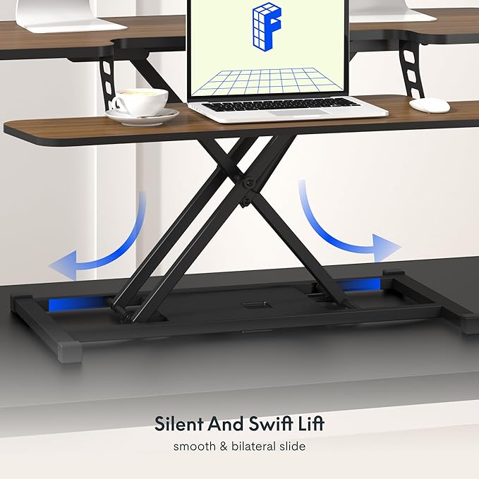 FLXISPOT 42" Standing Desk Converter Sit to Stand up Riser Height Adjustable Monitor and Laptop Workstation with Spacious 2-Tier Desktop, Walnut Color