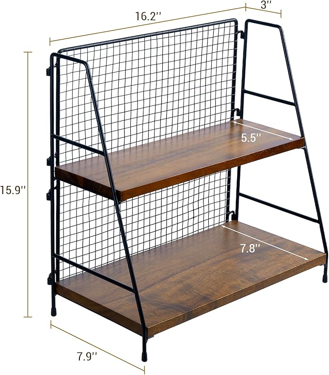 MyGift 2 Tier Premium Acacia Solid Wood Desk Shelf with Industrial Matte Black Metal Mesh Design, Rustic Wooden Desktop Office Supplies Storage Organizer