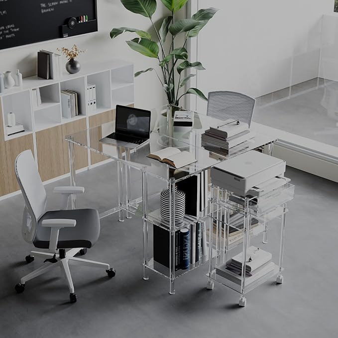 HMYHUM 40 Inch Acrylic Computer Desk with Reversible Storage Shelves, Clear Home Office Desk for Laptop, Study, Writing, Vanity Table, Modern
