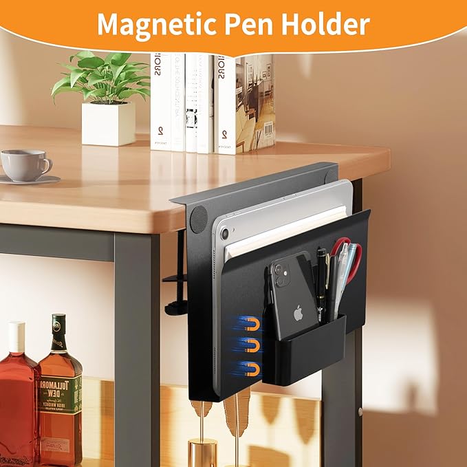 Henitol Desk Side Storage with Pen Holder, No Drill Hanging Desk Organizer Under Desk Storage Mount, Clamp-On Laptop Holder Table Side Tray Desktop Organization for Office and Home (Black)