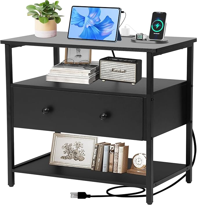 Edbuosy 27 Inch Wide Night Stand with Charging Station, Wood Nightstand with Open Shelf, Large Drawer Bedside Table for Living Room/Bedroom/Office (Black)