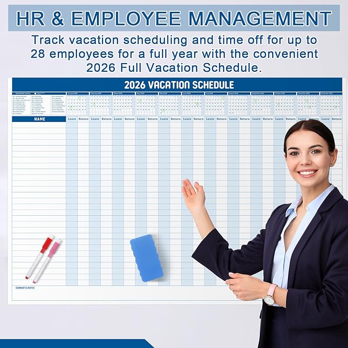 Lincia Large Magnetic 2026 Full Yearly Vacation Board Schedule Dry Erase Wall Planner Calendar Reusable Project Office Whiteboard 24" x 36" Vacation Calendar for Management, Planning, Organizing