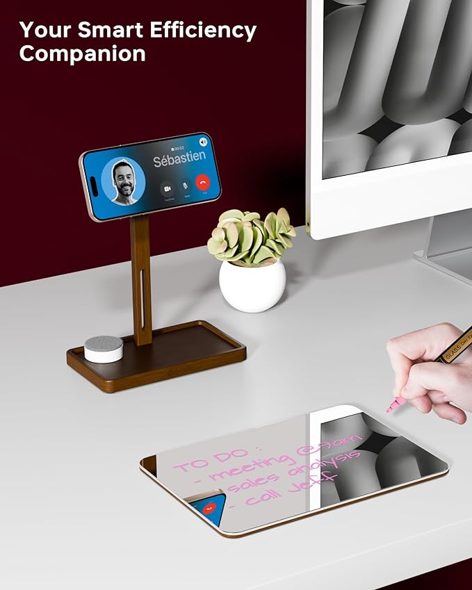 YEOUX Premium Desktop Glass Mirror, Dry Erase Board & Magnetic Phone Stand 3-in-1 | 360° Adjustable | Solid Wood | Compatible with MagSafe, Small Whiteboard for Office Home Desk
