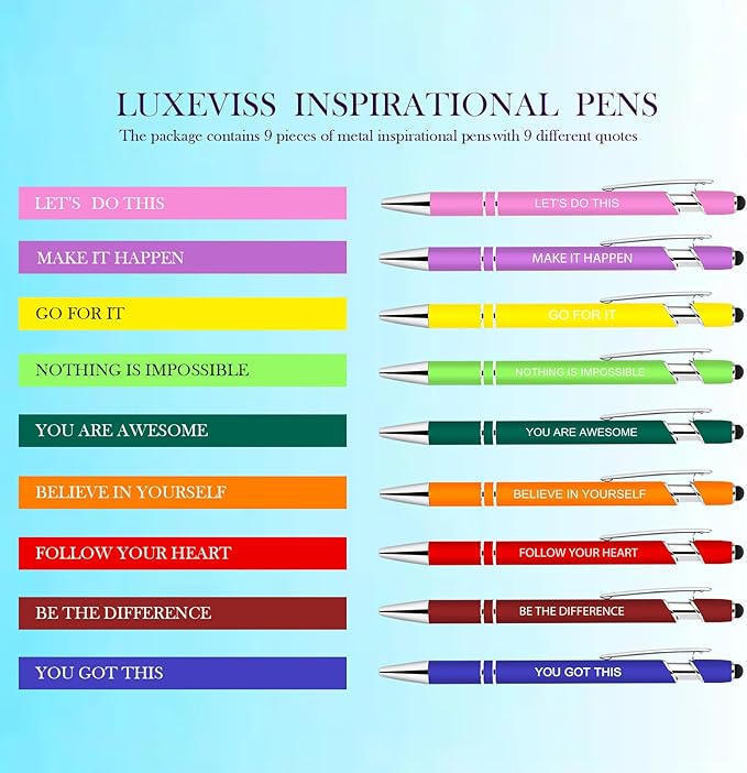 Luxeviss 9 Pcs Inspirational Pens Bulk - Motivational Ink Ballpoint Pen with Quotes Stylus Tip Nurse Gifts for School Coworkers Office Supplies Black Ink