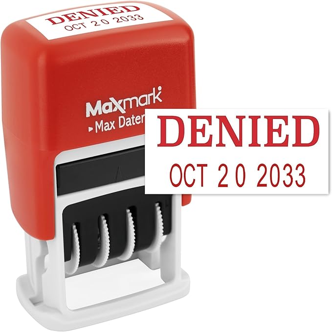 MaxMark Self-Inking Rubber Date Office Stamp with Denied Phrase & Date - RED Ink