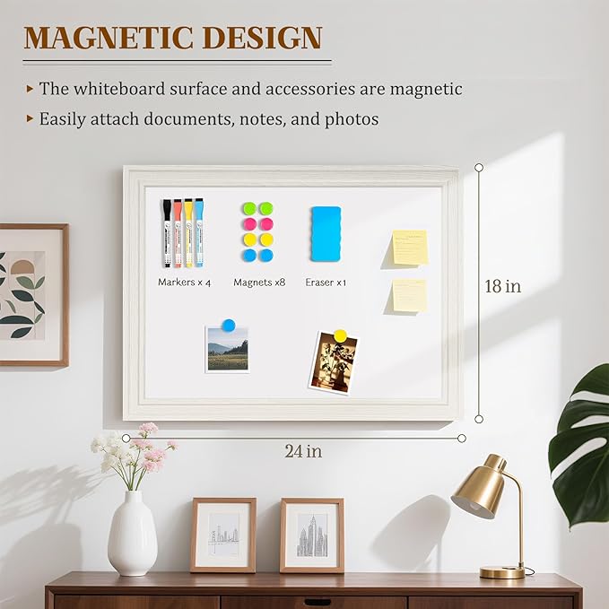 White Board for Wall, 24'' x 18'' Magnetic Dry Erase Board, Decorative Whiteboard with White Vintage Wooden Frame, Hanging Writing Board for Home Office School Dorm