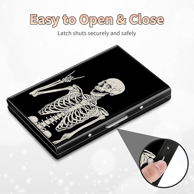 BWEGRHE Slim Credit Card Holder, Skull Skeleton RFID Blocking Metal Wallet for Men & Women, Aluminum Minimalist Hard Case Pocket-Sized Business Cards Organizer (Fits Up to 10 Cards)