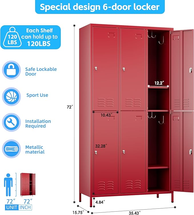 SUPEER 6 Doors Metal Locker Employee with Business Card Holder and 18 Hooks,Metal Locker for Employees with Ventilation Holes for Office Garage Gym Home,Assembly Required,Red