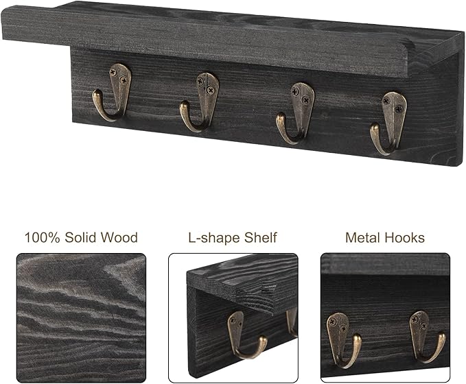 HRONRAD Rustic Key Holder for Wall, Farmhouse Wall Shelf with 4 Hooks, Wall Mounted Key Racks, Wooden Mail Organizer with Hooks for Entryway (Black - Pine)