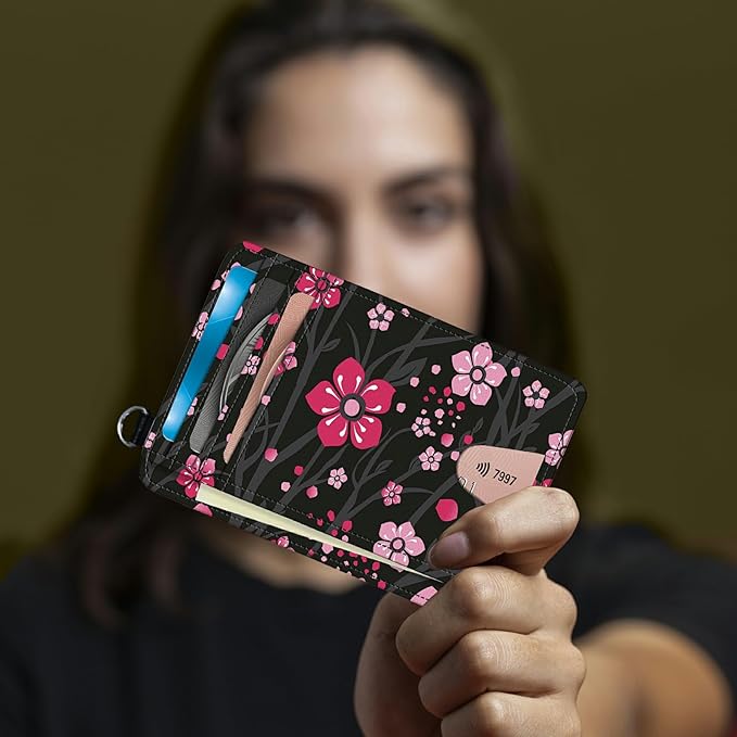 BWEGRHE Small Travel Wallets, Pink Cherry Blossom Slim Minimalist Front Pocket Wallet with Wristlet, RFID Blocking PU Leather Credit Card Holder with ID Window Change Purse for Men Women