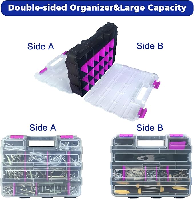 Tools Organizer Box Small Parts Storage Box 50-Compartment Double Side Hardware Organizers with Removable Plastic Dividers for Screws, Nuts, Nails, Bolts, Purple
