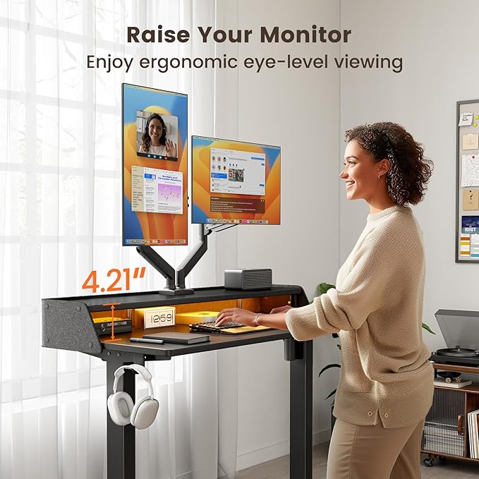 ErGear Standing Desk with LED Strip, 48″ x24″ Electric Height Adjustable RGB Gaming Desk with Shelf, Sit Stand Desk with Dual Cable Holes, C-Clamp Mount Compatible, 4 Preset Heights, Black