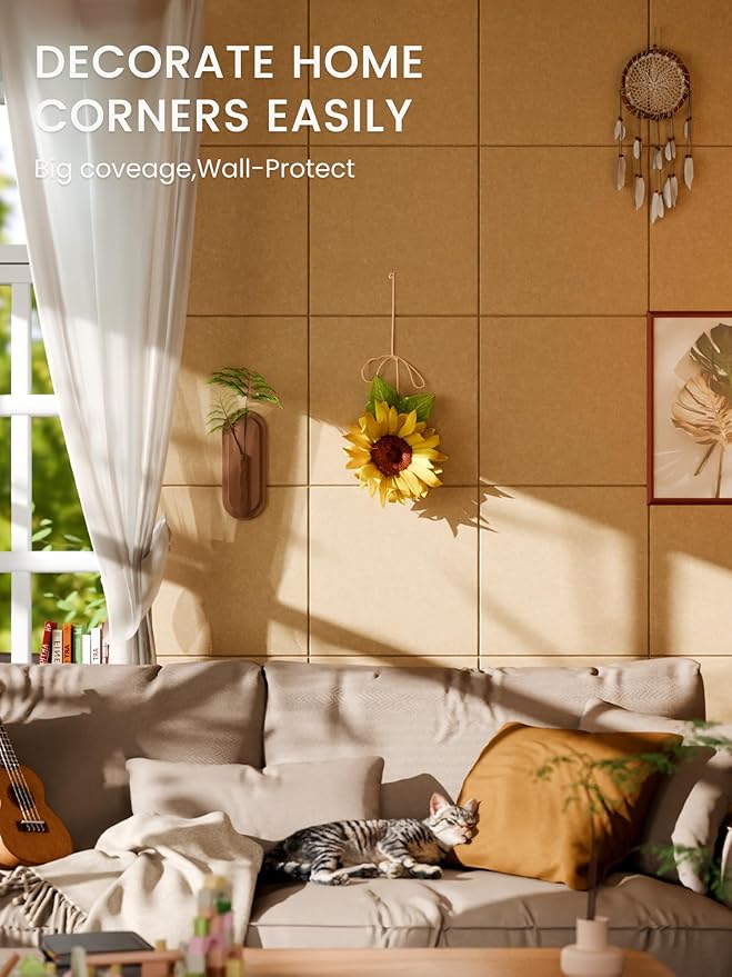 Bumusty Large Cork Board 47"x35" Alternative - 12 Pack Felt Wall Tiles with 70 Safe Removable Adhesive Tabs, 30 Pushpins, Cork Boards for Walls Pin Board Tack Board Cork Board (Longan Yellow)