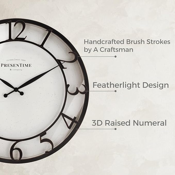 Presentime & Co 21" Farmhouse Series Wall Clock,Vintage Style, Retro Clock, Raised 3D Arabic Numeral, Oil Rubbed Bronze Finish. Wall Décor for Living Room and entryway.