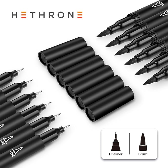 Hethrone Black Markers for Drawing - Brush Pens with Felt Tips for Artists - Calligraphy Pens, 12 Pack