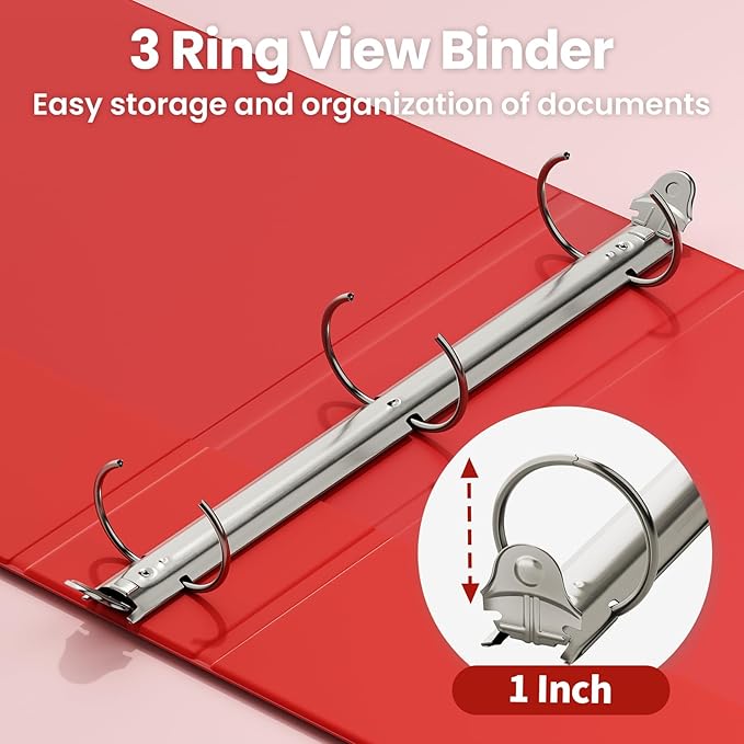 SUNEE 3 Ring Binder 1 Inch 1 Pack, Clear View Three Ring PVC-Free (Fit 8.5x11 Inches) for School or Office Supplies, Red