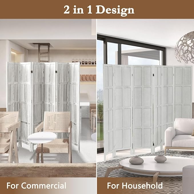 ALeesing 6 Panel Room Divider, 5.6Ft Wood Room Dividers and Folding Privacy Screens, Room Divider Wall Freestanding Room Partitions, Room Dividers Screen for Home Office Bedroom, White