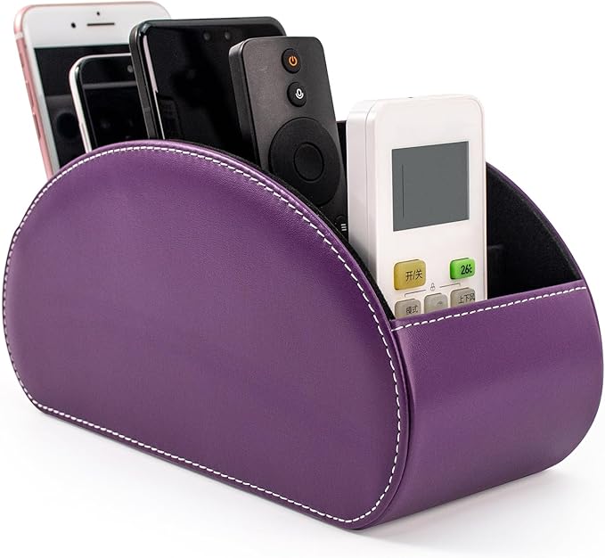 Remote Control Holders Organizer Box with 5 Compartment PU Leather Multi-functional Office Desk Storage Caddy Store Tv Remote for Media Player,Brush,Pencil,Glassees&Office Supplies (Dark Purple)