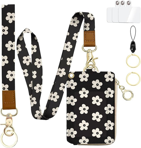 bolimoss Cute Floral Lanyard Wallet and ID Badge Holder with Zipper Pocket Breakaway Phone Wrist Lanyard, RFID Pu Leather Credit Card Holder