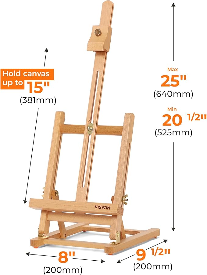VISWIN 25" H-Frame Tabletop Easel for Painting, Adjustable Beech Wood Table Top Easel, Portable Art Easel for Adults, Artists, Beginners, Holds Canvas up to 15" – Natural