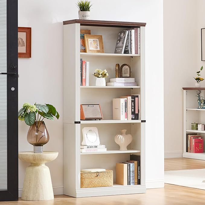 RWYHG 70" White Tall Bookshelf,5-Tier Thick Wooden Book Shelf with Adjustable Shelves,Free Standing Farmhouse Bookcase with Open Display Storage,Floor Vintage Bookshelves for Living Room,Office