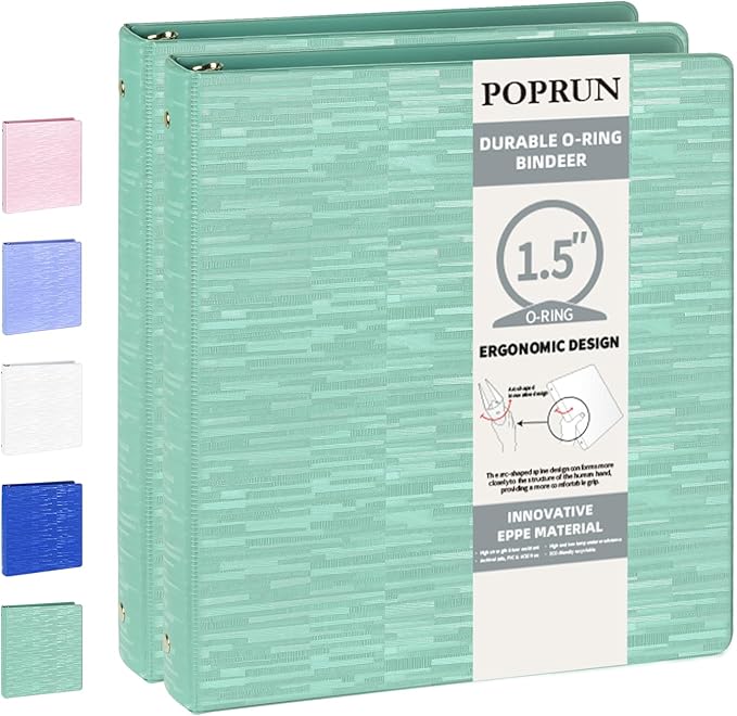 POPRUN 3 Ring Binder 1.5 Inch, PVC-Free, Holds 325 Sheets of 8.5 x 11 Paper, Extra Durable Organizer with 2 Pockets for School & Office, Heavy-Duty, 2 Pack, Midnight Green