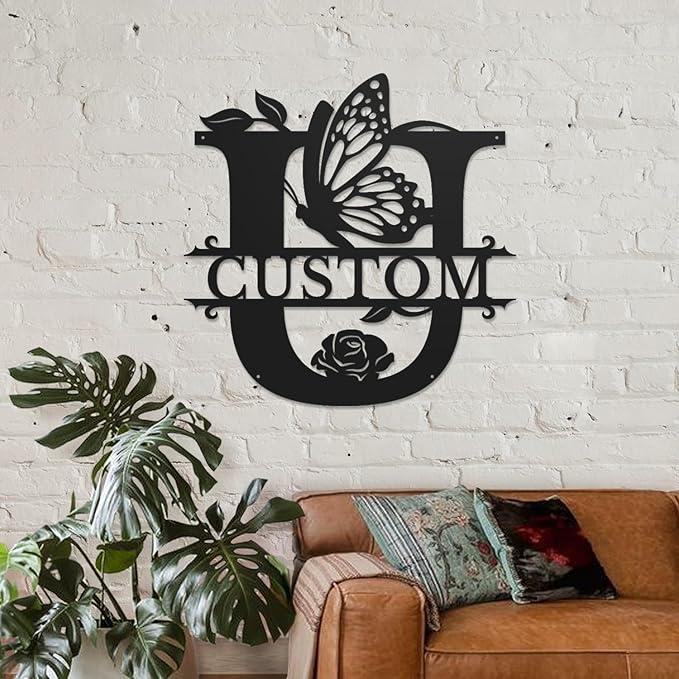 Personalized Custom Letter Name metal Signs,Custom Black Letter Monogram Wall Art Decor,Metal Signs Plaques Outdoor wall Decorative Signage (U)