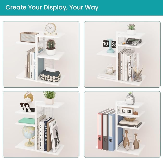 ELITEROO Desk Bookshelf, 4 Tier Wood Desktop Bookshelf, Adjustable Table Top Book Shelf and Storage Rack for Office Supplies, Dorm, Home Office, White