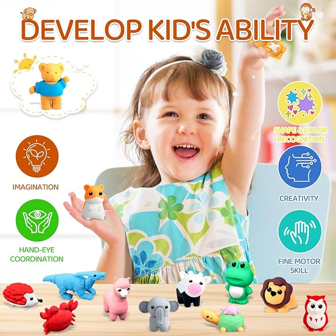 URSKYTOUS 60Pcs Animal Erasers Kids Desk Pets Pencil Erasers 3D Puzzle Bulk Mini Animal Eraser Toys Fun Cute Eraser for Classroom Rewards, Game Prizes, Treasure Box, Easter Egg Fillers