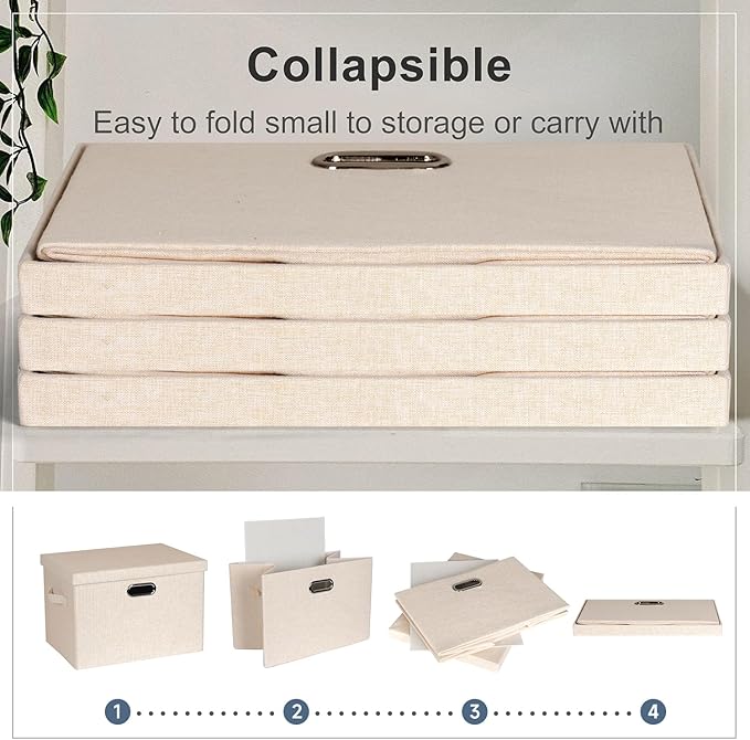 Graciadeco Large 17" 36 Quart Collapsible Stackable Storage Bins with Lids, 3 Packs Light Orange Linen Fabric Closet Boxes with Lids, Storage Cube Baskets Container Organizers for Office (17x12x11)