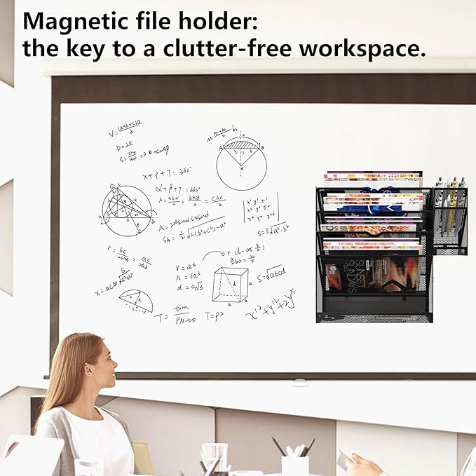 KZWKRG Magnetic File Holder, Magnetic File Organizer Wall Mount, 5 Tier Hanging Mail Organizer Folder Holder, Mesh Desk Accessories and Organizers, Paper Document Magazine Rack with 3 Pen Holder