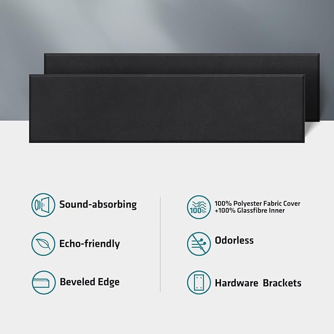 2 Pack 2" Thick Acoustic Panels, 47.24" X 11.81" Fiberglass Wall Panel, Acoustic Panels Sound Absorbing for Office, Studio, Home Theatre - Black