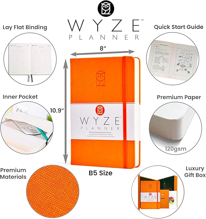 Wyze Planner Undated Daily Planner – 1-Year B5 Productivity Organizer with Two-Page Weekly Spread, Goal Setting, Habit Tracker, Weekly & Monthly Pages – Hardcover Time Management Notebook (Orange)