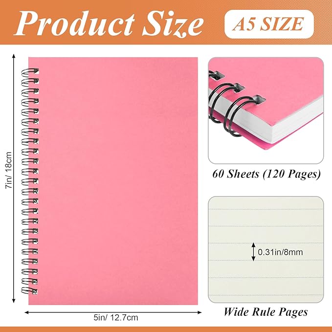 Leelosp 12 Pack Small Spiral Notebook 5 x 7 Inch Lined College Ruled Spiral Journal Wire Bound Notebook Kraft Cover, 120 Pages for Work Students Office Business(Colorful)