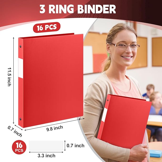 Henoyso 16 Pcs 3 Ring Binder 0.5 Inch Round Fits Letter Size 8.5'' x 11'' Paper Plastic Flexible Binder Bulk Holds 140 Sheets with 1 Pockets Versatile Organizer for Home Office School (Red)