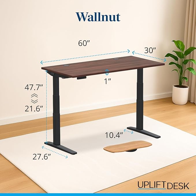 UPLIFTDESK V3 2-Leg Walnut Laminate Wood Standing Desk – Adjustable Height, Advanced 1-Touch Memory Keypad, Under Desk Cable Management, Wire Grommets & Rocker Board (Black C-Frame, 60 x 30 inch)
