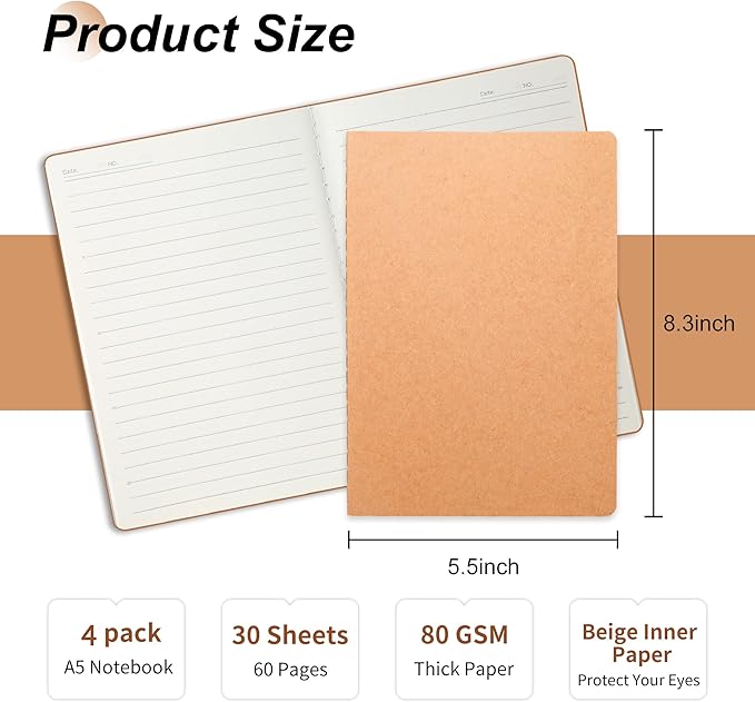 miikoul 4 Pack A5 Kraft Paper Notebook Lined Journal Bulk, 8.3 X 5.5 Inch, 60 Pages/30 Sheets, 80gsm, Travel Notebook Notepad for Adult, Students, Gift, Office, Back to School Supplies