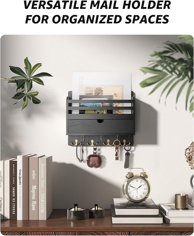 Rebee Vision Decorative Mail Organizer - Wood Key Holder Wall Mount with Storage Drawer and 7 Key Hooks - Home Decor for Organizing Your Entryway, Hallway, or Office (Black)