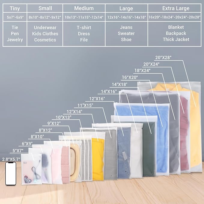 Svaldo T-Shirt Bags for Packaging, 100PCS 8x12 Inch Frosted Poly Plastic Packaging Bags, 3 Mil Apparel Business Packing Bag with Resealable Zip Lock for Storing Underwear Leggings Panties Toiletries
