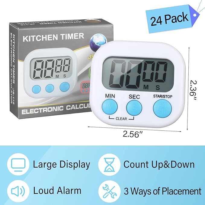 Weewooday 24 Pcs Digital Kitchen Timer Magnetic Timer Bulk On/Off Switch Minute Second Count up Countdown Loud Alarm for Exercise Cook Baking (White)