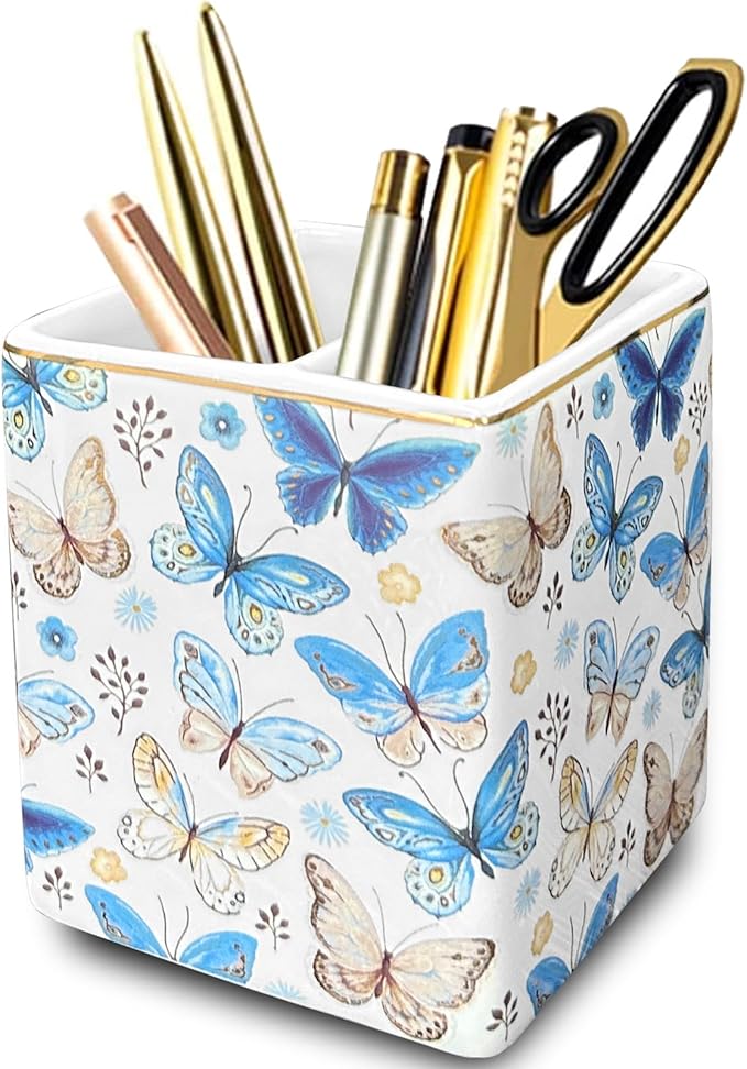 LEAZUL Pen Pencil Holder, Makeup Brush Holder,Ceramic Remote Control Holders Organizer with 2 Compartment Floral Multi-functional Office Organizers Storage Caddy Desk Tv Remote Holders Shiny Butterfly