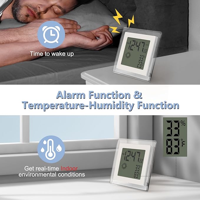 VOILEIPAGI Small Clock Digital Battery Operated Alarm Clock with Auto Backlight, Indoor Temperature Humidity, 12/24H, Date, Travel Alarm Clock Desk Clock Small Clock for Shelf (Battery Included)
